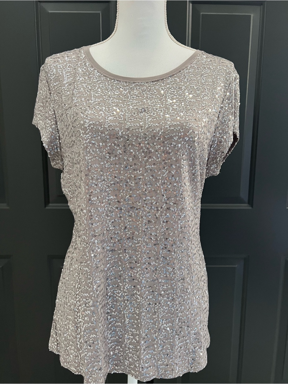 INC International Concepts Taupe Sequin Short Sleeve Top